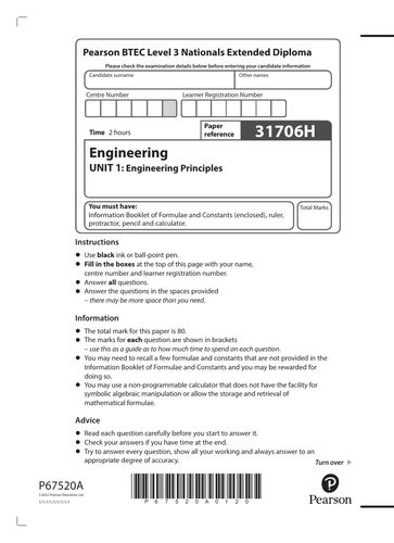 Pearson BTEC Level 3 Nationals Extended Diploma 31708H Engineering UNIT 3 Engineering Product Design and Manufacture Part A & Part B combined. . Engineering unit 1 engineering principles 31706h